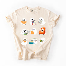 Load image into Gallery viewer, Reading Ghosts Halloween Library Books Scene Artwork Print Collection Comfort Colors Tee