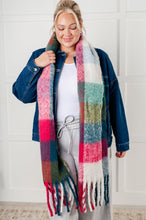 Load image into Gallery viewer, Wanderlust Wrap Oversized Plaid Fringe Scarf in Magenta and Teal