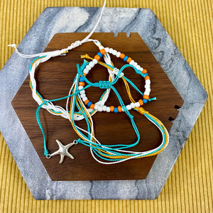 Bracelet Pack - Adjustable String & Bead Blue Turquoise White Starfish