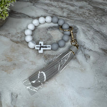 Load image into Gallery viewer, Silicone Bracelet Keychain - Religious, Jesus, White &amp; Grey
