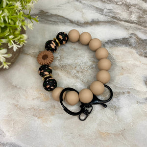 Silicone Bracelet Keychain - Dark Tan Sunflower Black Floral