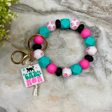 Load image into Gallery viewer, Wood &amp; Silicone Bracelet Keychain - Cat Mom Teal Pink
