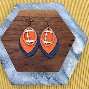 Faux Leather Earrings with Wood - Triple Football Teardrops