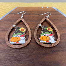 Load image into Gallery viewer, Wooden Teardrop Cutout Earrings - Fall - Gnome Sunflower Pumpkin
