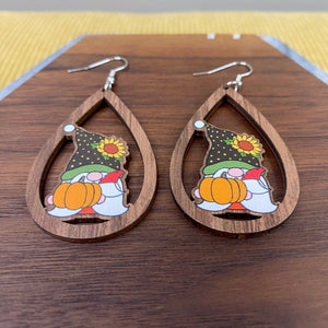 Wooden Teardrop Cutout Earrings - Fall - Gnome Sunflower Pumpkin