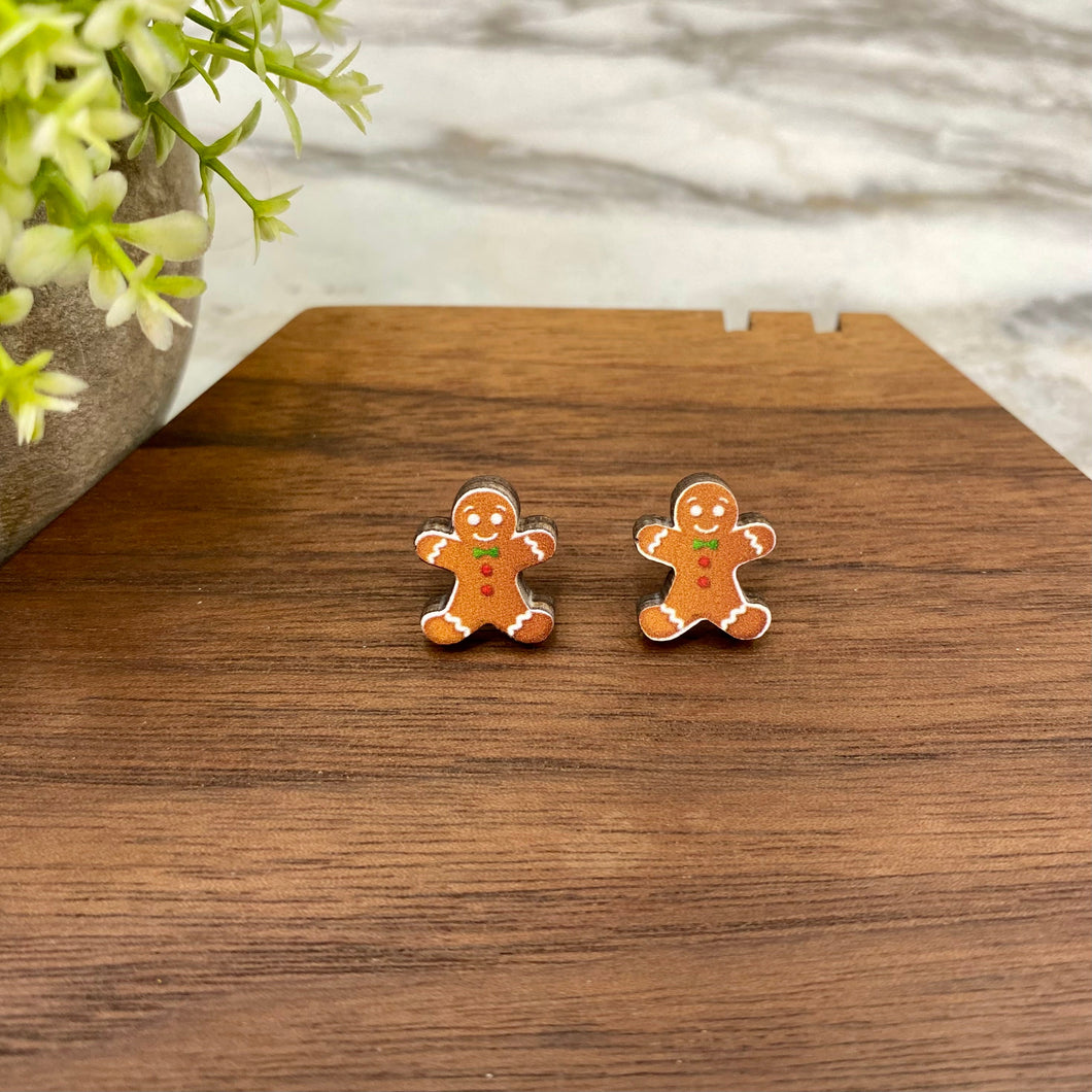 Wooden Stud Earrings - Christmas - Gingerbread Man #2