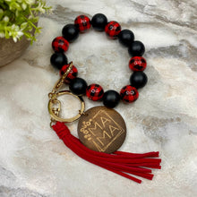 Load image into Gallery viewer, Wooden Bead Bracelet Keychain - Mama - Red Black Plaid
