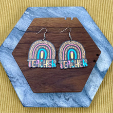 Load image into Gallery viewer, Wooden Dangle Earrings - Teacher - Rainbow
