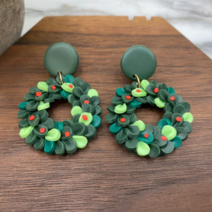 Clay Dangle Earrings - Christmas Wreath