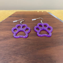 Load image into Gallery viewer, Acrylic Dangle Cutout Earrings - Purple Paw Print
