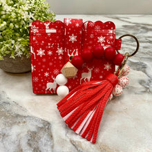 Load image into Gallery viewer, Silicone Bracelet Keychain with Scalloped Card Holder - Christmas - Red Reindeer Snowflake
