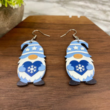 Load image into Gallery viewer, Wooden Dangle Earrings - Winter - Gnome Blue Heart Snowflake
