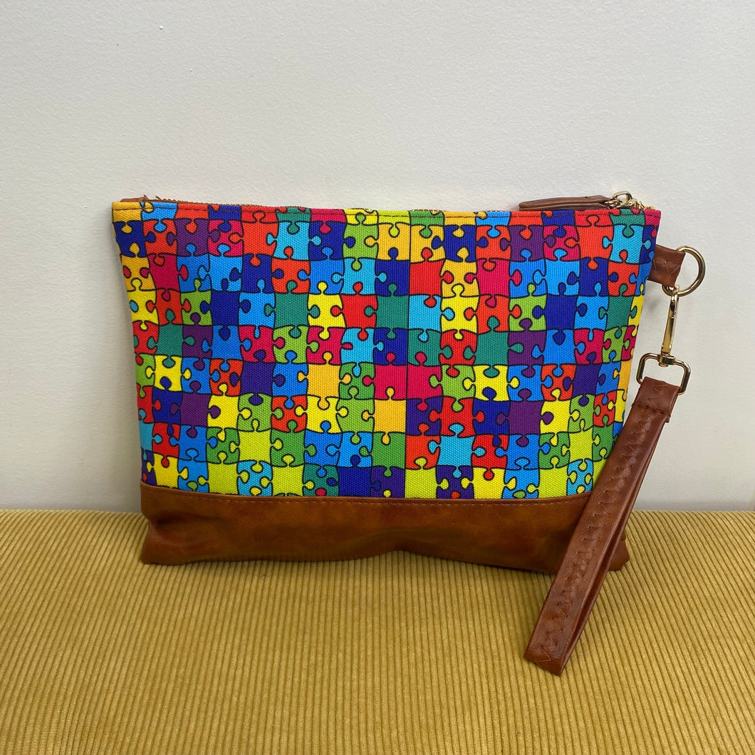 Clutch - Oversized Canvas & Faux Leather - Puzzle