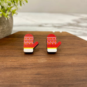 Wooden Stud Earrings - Christmas - Winter Gloves #2