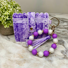 Load image into Gallery viewer, Silicone Bracelet Keychain with Scalloped Card Holder - Purple Geometric
