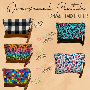 Clutch - Oversized Canvas & Faux Leather - Pink Blue Black Leopard