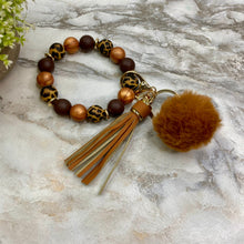 Load image into Gallery viewer, Silicone Bracelet Keychain - Tassel &amp; Pom Pom- Brown &amp; Animal Print
