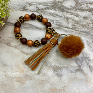 Silicone Bracelet Keychain - Tassel & Pom Pom- Brown & Animal Print