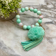 Load image into Gallery viewer, Silicone Bracelet Keychain - Tassel &amp; Pom Pom- Mint &amp; Sherbet
