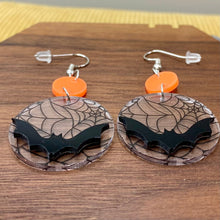 Load image into Gallery viewer, Dangle Earring - Acrylic - 3D Bat Clear Web Background Halloween
