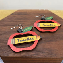 Load image into Gallery viewer, Wooden Dangle Earrings - Teacher - Apple Pencil Cutout
