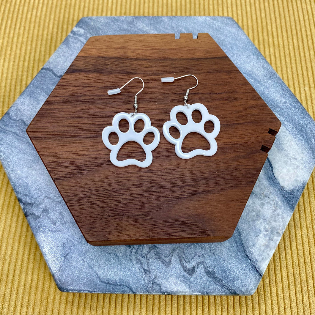 Acrylic Dangle Cutout Earrings - White Paw Print