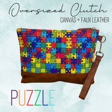 Load image into Gallery viewer, Clutch - Oversized Canvas &amp; Faux Leather - Puzzle
