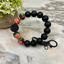 Load image into Gallery viewer, Silicone Bracelet Keychain - Black Sunflower Roses Gold
