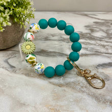 Load image into Gallery viewer, Silicone Bracelet Keychain - Teal Floral Sunflower
