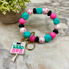 Load image into Gallery viewer, Wood &amp; Silicone Bracelet Keychain - Cat Mom Teal Pink
