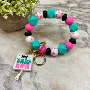 Wood & Silicone Bracelet Keychain - Cat Mom Teal Pink