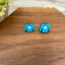 Load image into Gallery viewer, Wooden Stud Earrings - Christmas - Blue Sweater
