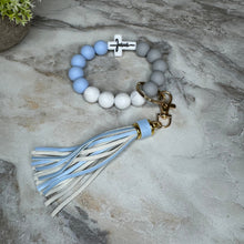 Load image into Gallery viewer, Silicone Bracelet Keychain - Religious, Jesus, White &amp; Blue
