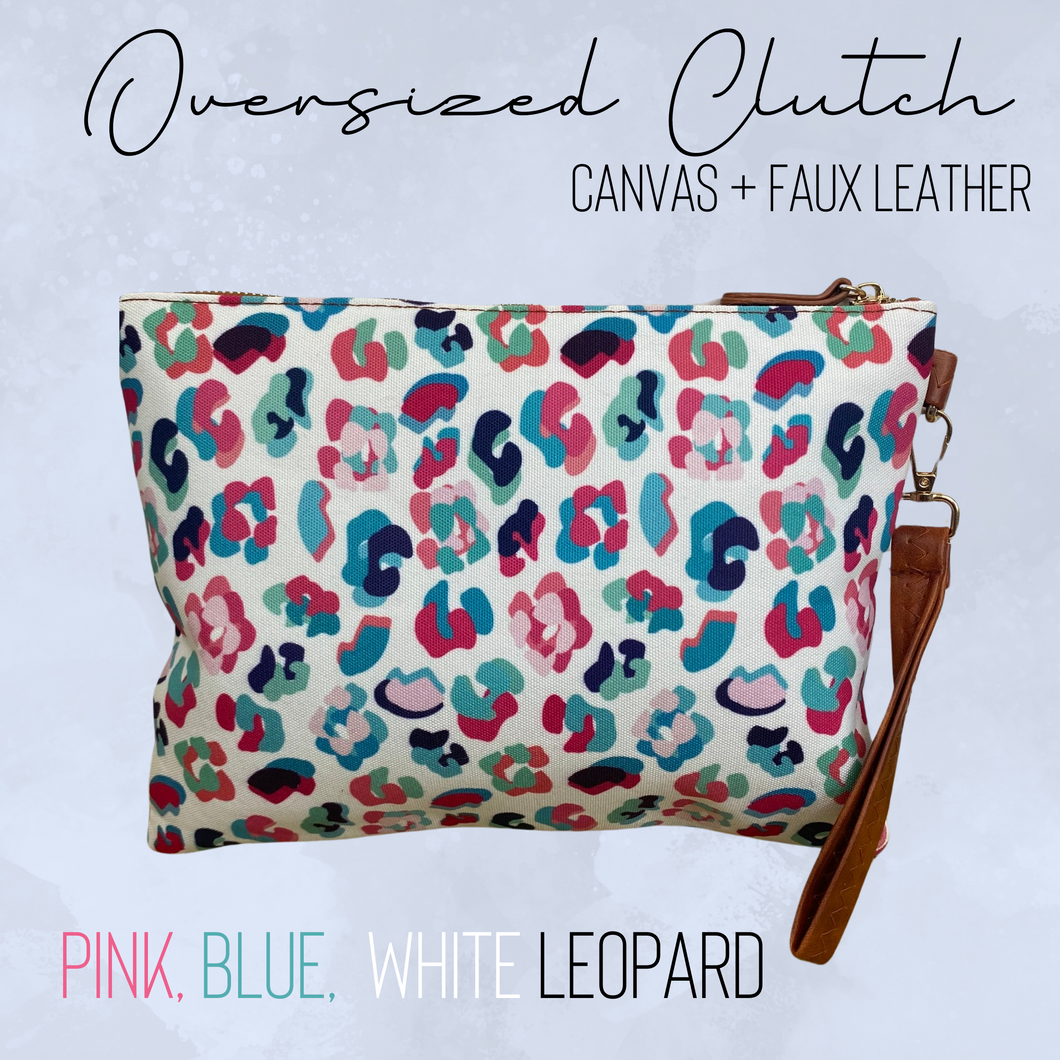 Clutch - Oversized Canvas & Faux Leather - Pink Blue White Leopard