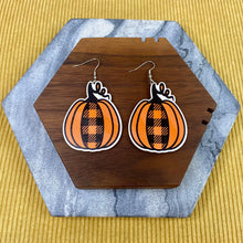 Load image into Gallery viewer, Wooden Dangle Earrings - Fall - Plaid Pumpkin
