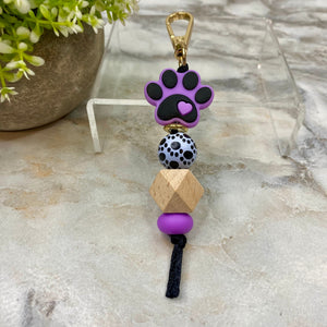 Keychain - Silicone & Wood Bead - Purple Paw