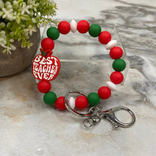 Load image into Gallery viewer, Silicone Bracelet Keychain - Teacher - Best Ever Apple Red Green White
