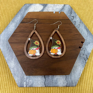 Wooden Teardrop Cutout Earrings - Fall - Gnome Sunflower Pumpkin