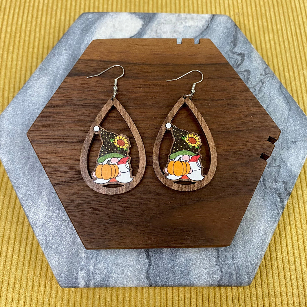 Wooden Teardrop Cutout Earrings - Fall - Gnome Sunflower Pumpkin