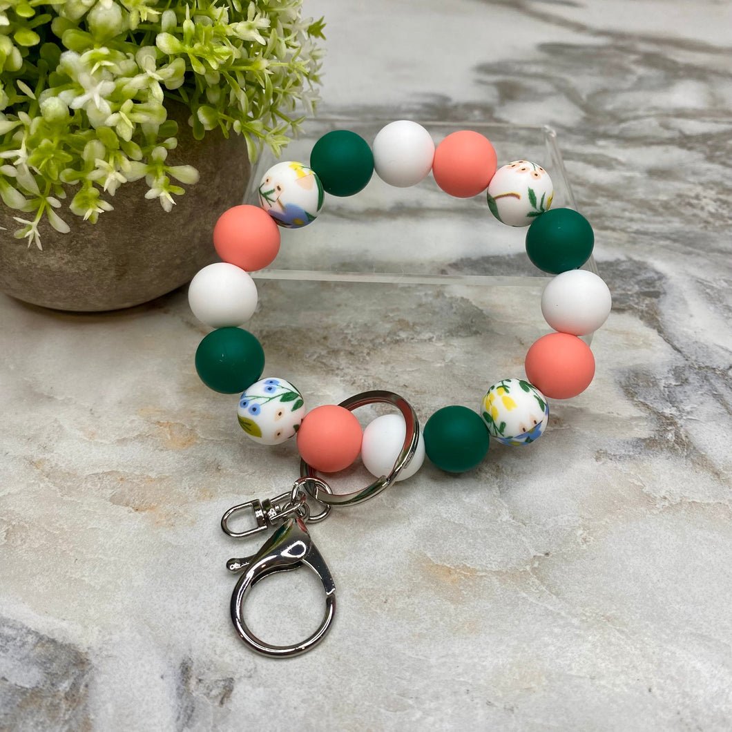 Silicone Bracelet Keychain - Green Coral Floral