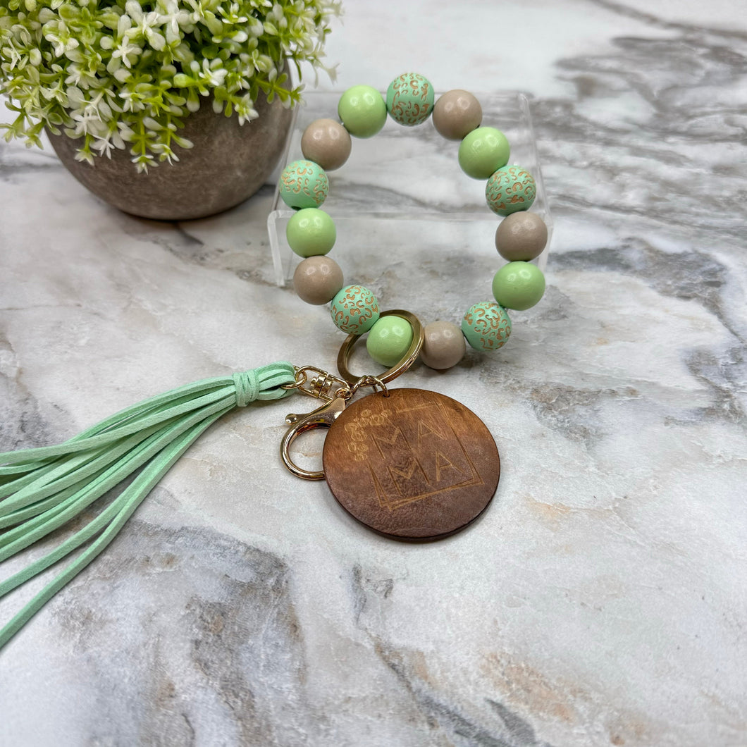 Wooden Bead Bracelet Keychain - Mama - Mint