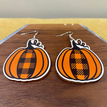 Load image into Gallery viewer, Wooden Dangle Earrings - Fall - Plaid Pumpkin
