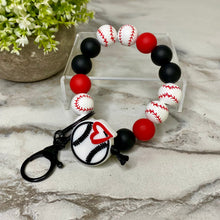 Load image into Gallery viewer, Wood &amp; Silicone Bracelet Keychain - Red &amp; Black Baseball
