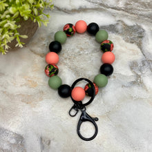 Load image into Gallery viewer, Silicone Bracelet Keychain - Olive Coral Black Roses
