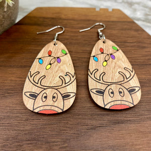 Wooden Dangle Earrings - Christmas - Reindeer Lights