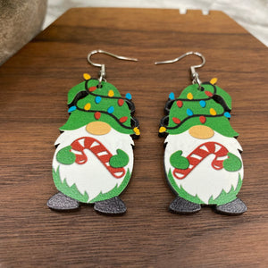 Wooden Dangle Earrings - Christmas - Gnome Candy Cane