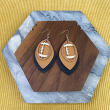 Load image into Gallery viewer, Faux Leather Earrings with Wood - Triple Football Teardrops
