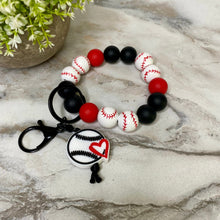 Load image into Gallery viewer, Wood &amp; Silicone Bracelet Keychain - Red &amp; Black Baseball
