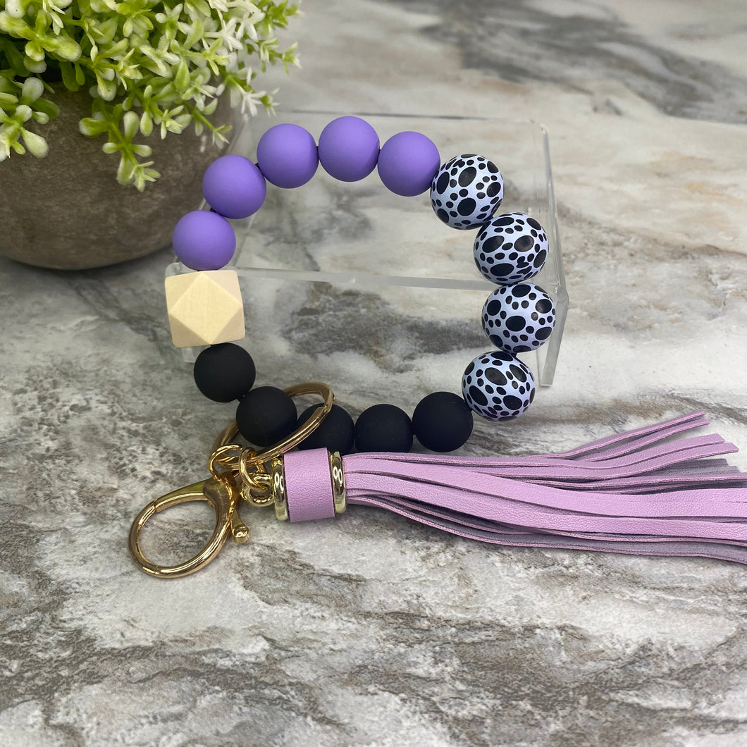 Silicone/Wood Bracelet Keychain - Paw - Purple