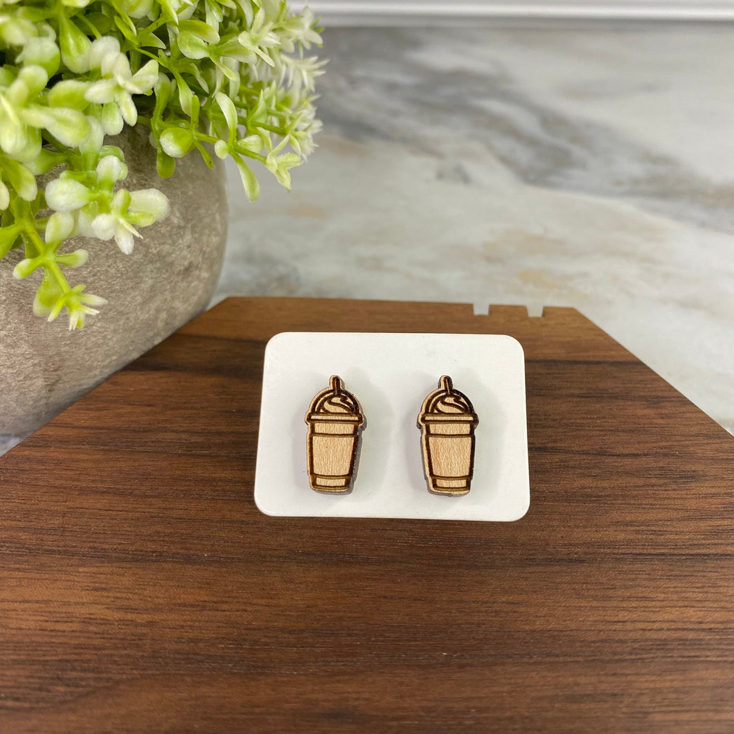 Wooden Specialty Stud Earrings - Coffee Frappe Cup